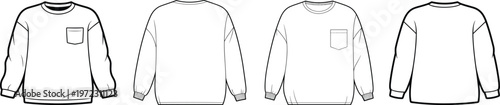 Crewneck sweatshirt outline collection, long sleeve pullover with chest pocket and ribbed cuffs, front and back views – vector illustration