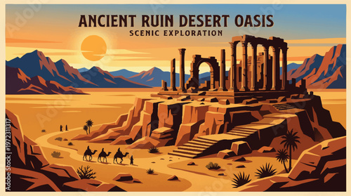 Exploring the majestic ancient ruins nestled in a desert oasis under golden skies Vector, illustration