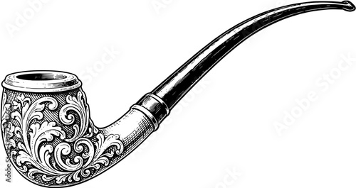Ornate Meerschaum Tobacco Pipe Floral Engraving Black and White Illustration