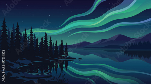 Serene night forest reflected in calm waters under aurora lights Vector, illustration