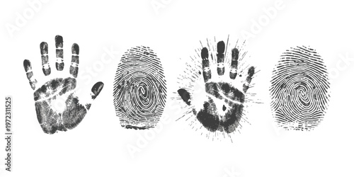 Obraz na płótnie Set of black handprints and fingerprint patterns isolated on white background ve