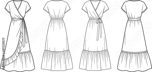 Elegant wrap maxi dress set, ruffle hem summer outfit collection, front and back fashion line drawings, feminine apparel design – vector illustration