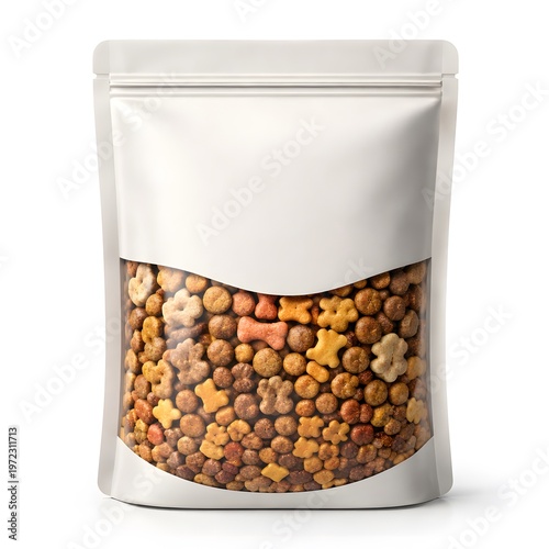 White stand-up pouch mockup with a clear window filled with colorful dry pet food kibble isolated on white background