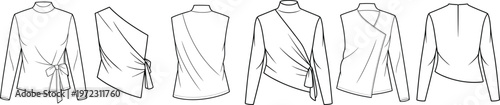 Asymmetrical wrap top collection with tie waist detail, modern long sleeve womenswear set, elegant fashion line drawing views – vector illustration