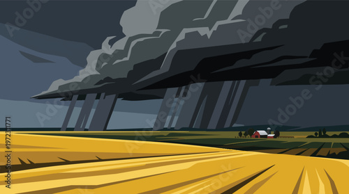 Stormy skies loom over a vast golden wheat field under a dramatic sky. Vector, illustration