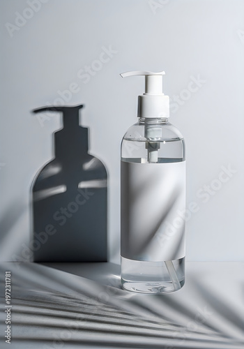 Clear hand sanitizer bottle with white pump and label on gray surface