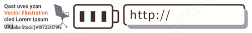 Online search, web design, digital navigation, internet connection, technology, and user interface . Search bar with battery and chair icons. Online search and web design concept