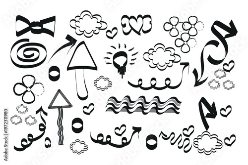 Title black and white doodle collection abstract shapes and hand drawn elements description a collection of whimsical hand drawn doodles in black and white