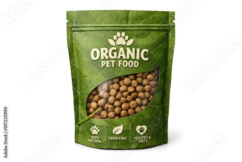 Organic pet food in a green stand-up pouch with a leaf-shaped window showing the kibble isolated on white background