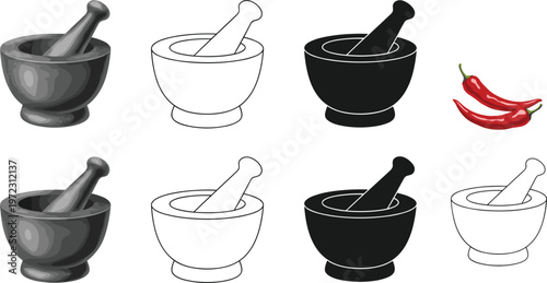 Mortar and Pestle Illustrations Set with Different Styles and Chili Peppers for Cooking and Kitchen Design