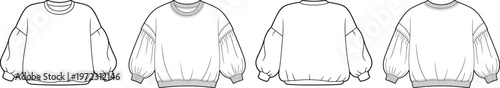 Balloon sleeve sweatshirt styles, gathered volume arms with ribbed trims and relaxed silhouettes, cozy womens casual wear fashion flats – vector illustration