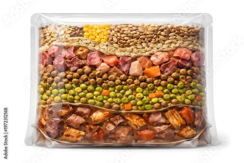 Layered meal kit ingredients in a clear plastic pouch including grains and vegetables. isolated on white background