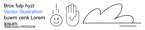 Positivity, mindfulness, communication, gestures, artistic design, abstract art. Minimal line art a smiling face, an open hand and a cloud-thumbs up abstract shape. Positivity and mindfulness