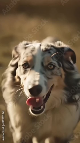 Dog Running Through Field Towards Camera.