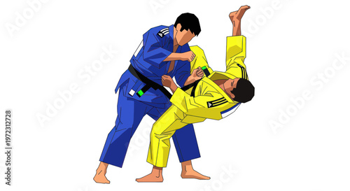 Two judo athletes in a dynamic throw, one in blue, the other in yellow gi, isolated on white background