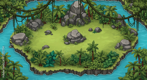 Tropical jungle island game background, cartoon rainforest landscape with palm trees and rocks, exotic wilderness level design for mobile apps