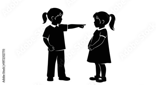 Child pointing finger at another child silhouette, accusation, blame, childhood conflict