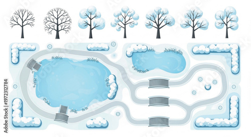 Winter park map creator kit with frozen lake and snowy trees, flat vector landscape elements for city garden design, ice skating rink and bridges