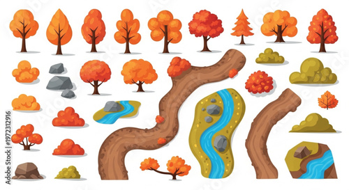 Autumn forest landscape elements, orange fall trees and bushes set, winding dirt roads and river paths for game design, vector EPS collection