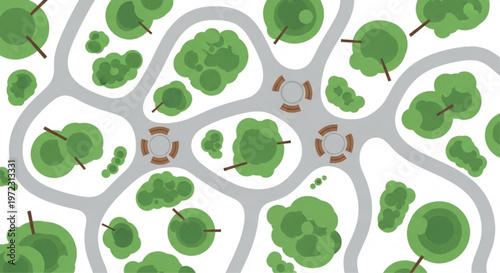Top view park map with winding gray paths and green trees, aerial garden landscape vector, outdoor public space layout with benches