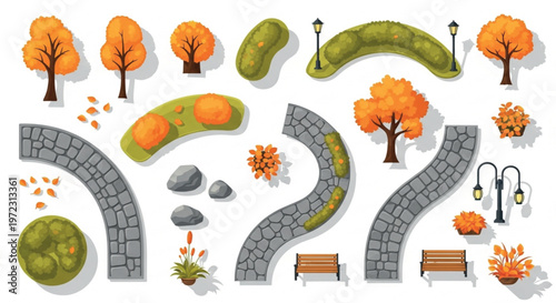 Autumn park landscape elements set, orange trees and stone paths vector, garden map design kit with benches and street lamps