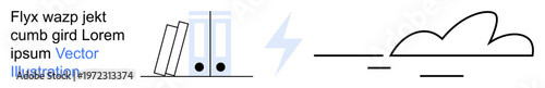 Education, digital transformation, cloud storage, information exchange, file management, modern workflow. Book files, a lightning symbol and a minimalist cloud. Education and cloud storage concept