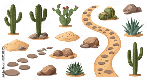 Desert landscape elements set with saguaro cactus and sand path, wild west nature icons, 15 vector illustrations for game design