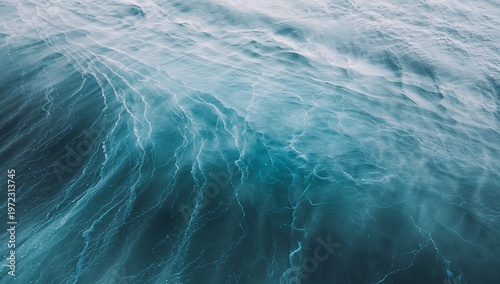 Vast Ocean Surface with Lightning Storm and Choppy Waves in Turquoise and Blue Shades