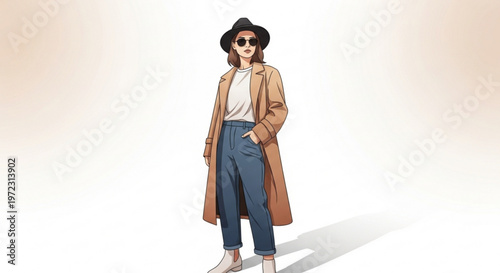 Fashionable young woman wearing sunglasses and a long coat standing confidently on a neutral background with a shadow