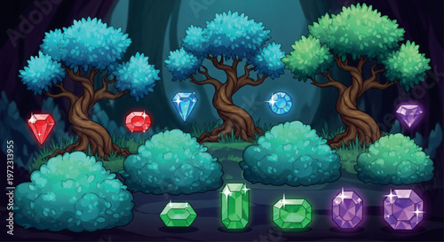Fantasy game environment assets, magical forest trees and bushes with glowing gems, enchanted woodland landscape elements for mobile game UI
