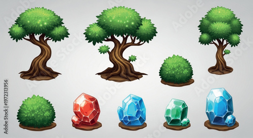 Stylized fantasy game assets collection, 9 vector elements including green trees, bushes and magic crystals, cartoon nature environment props