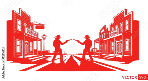 Wild West Showdown Silhouette: Two Cowboys Facing Off in a Dusty Town Street