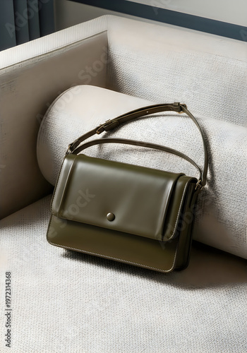 Olive green leather purse on a white couch with a flap closure