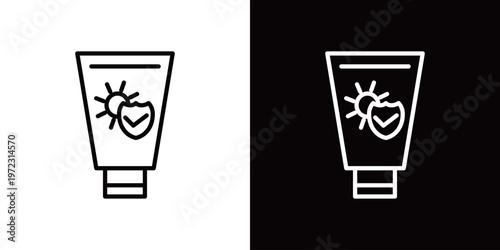 日焼け止めクリームのラインアイコン。白い線と黒い線のモノクロベクターイラストセット