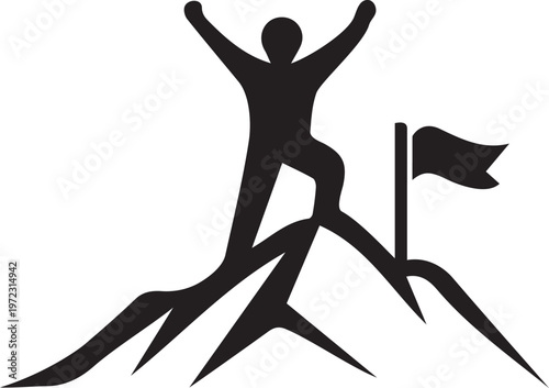 A black silhouette of a triumphant person standing on a mountain peak with a planted small flag