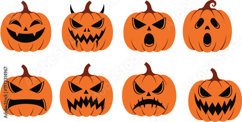 ollection of eight jack‑o’‑lantern silhouettes with unique carved faces, showcasing Halloween pumpkin designs from happy to scary expressions for seasonal artwor