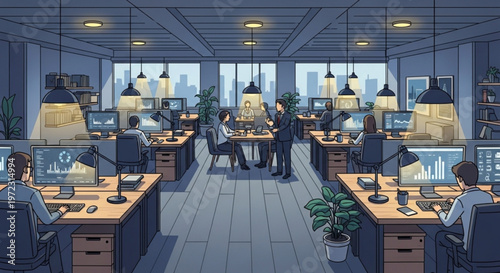 Busy office interior with coworkers working at computer desks cityscape view through large windows modern lighting fixtures and plants