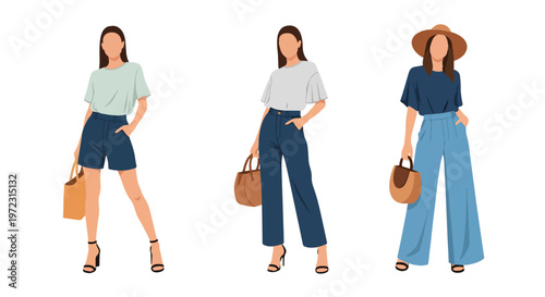 Flat style vector illustration of women in summer casual outfits, modern lifestyle fashion collection isolated on clean background