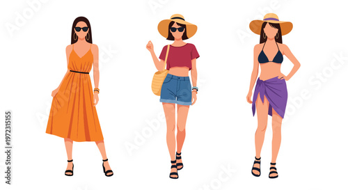 Flat style vector illustration of women in summer casual outfits, modern lifestyle fashion collection isolated on clean background