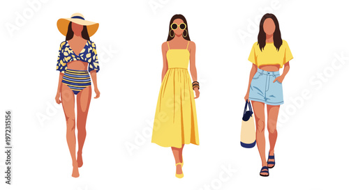 Flat style vector illustration of women in summer casual outfits, modern lifestyle fashion collection isolated on clean background