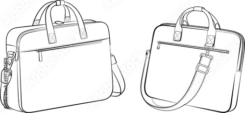 Business laptop bag designs with handles and shoulder strap, modern briefcase styles, detailed accessory line art views – vector illustration