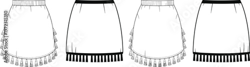 Bohemian mini skirt variations with tassel fringe hem, elastic and band waist styles, clean fashion outline drawings – vector illustration