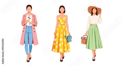 Flat style vector illustration of women in spring outfits, modern feminine fashion collection isolated on clean background