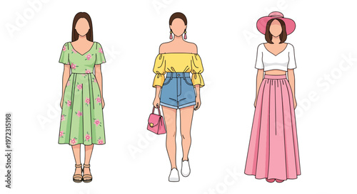 Flat style vector illustration of women in spring outfits, modern feminine fashion collection isolated on clean background