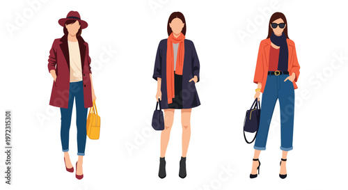 Flat style vector illustration of women in spring outfits, modern feminine fashion collection isolated on clean background
