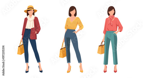 Flat style vector illustration of women in spring outfits, modern feminine fashion collection isolated on clean background