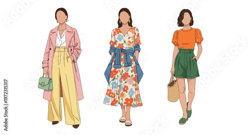 Flat style vector illustration of women in spring outfits, modern feminine fashion collection isolated on clean background