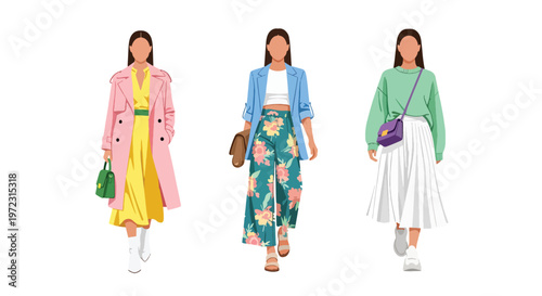 Flat style vector illustration of women in spring outfits, modern feminine fashion collection isolated on clean background