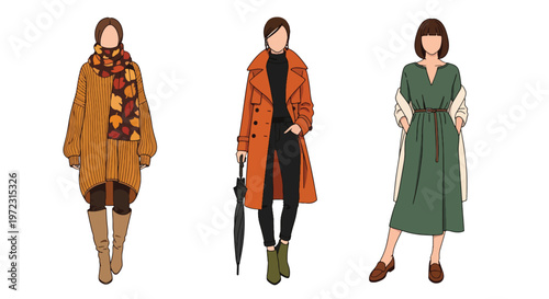 Flat style vector illustration of women wearing autumn outfits, seasonal fashion collection isolated on clean background