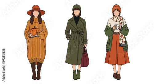 Flat style vector illustration of women wearing autumn outfits, seasonal fashion collection isolated on clean background